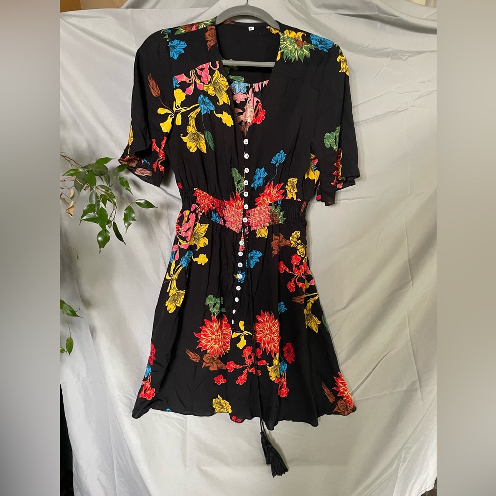 Floral Black Dress with Colorful Accents